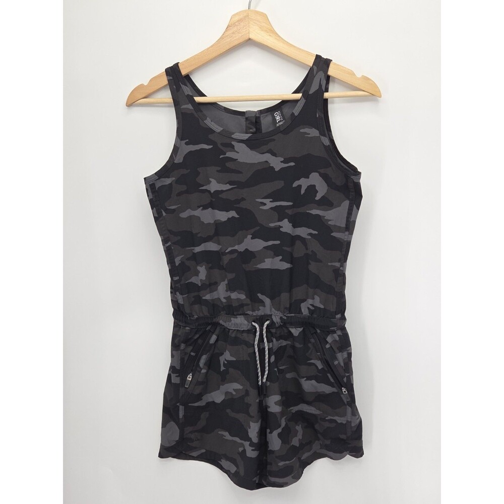 Athleta Girl On The Go Romper Girls XL 14 Black Gray Camo Athletic Drawstring